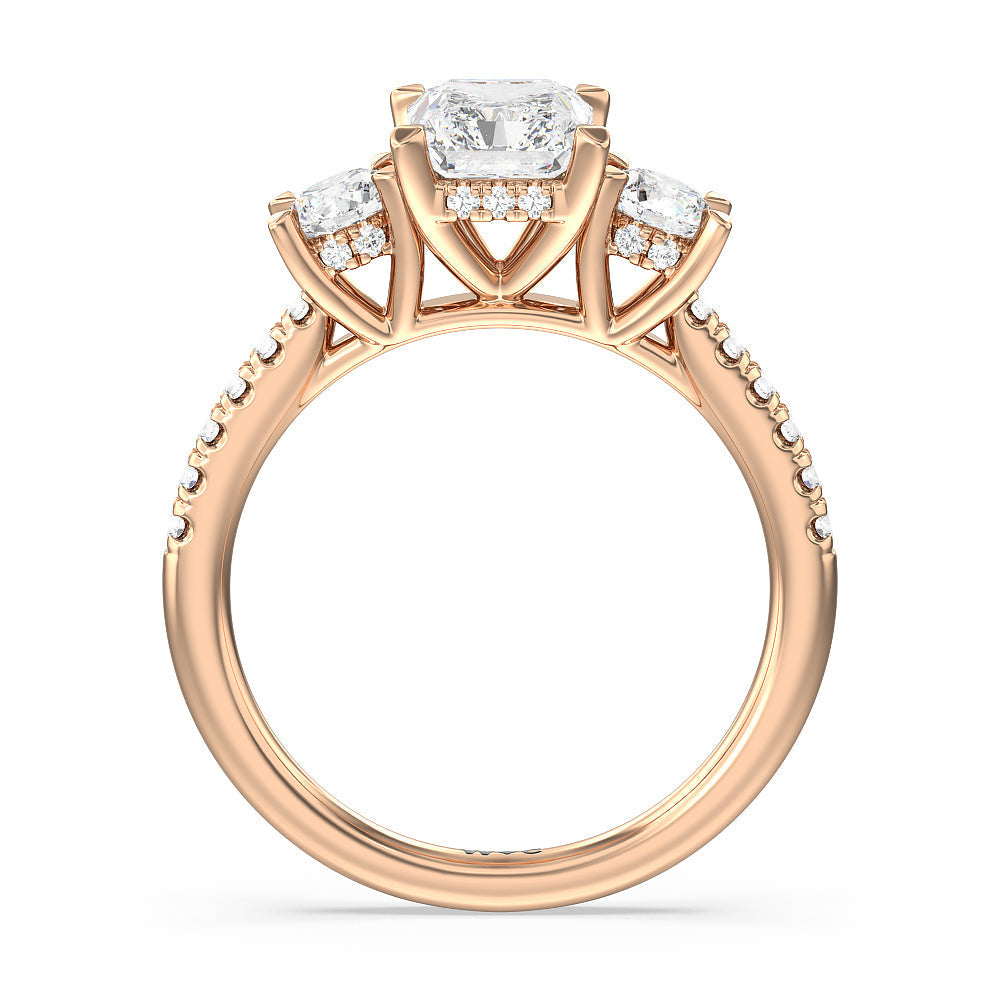 Radiant Cut Three Stone Hidden Halo Cathedral Engagement Ring (E+ VVS+) with Lab Grown Diamond in 14KT Rose Gold view 2
