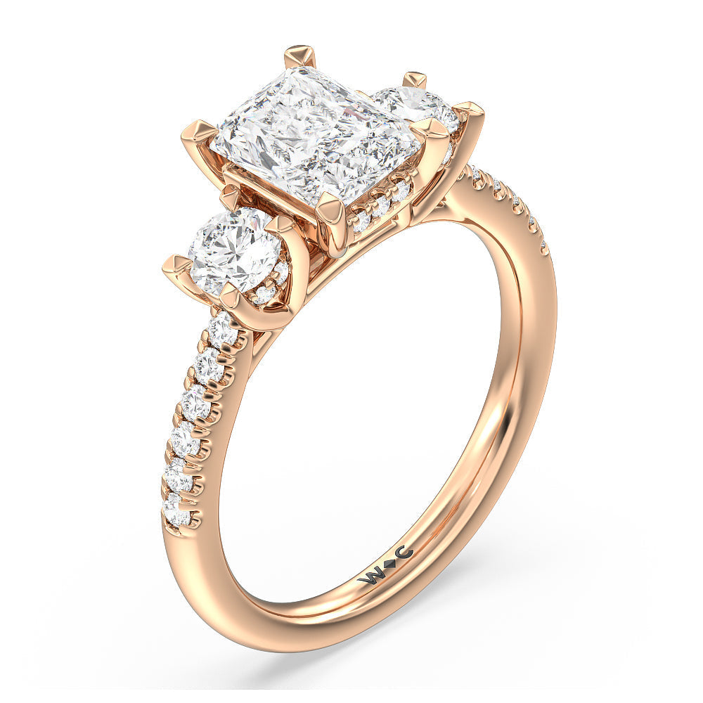 Radiant Cut Three Stone Hidden Halo Cathedral Engagement Ring (E+ VVS+) with Lab Grown Diamond in 14KT Rose Gold view 3
