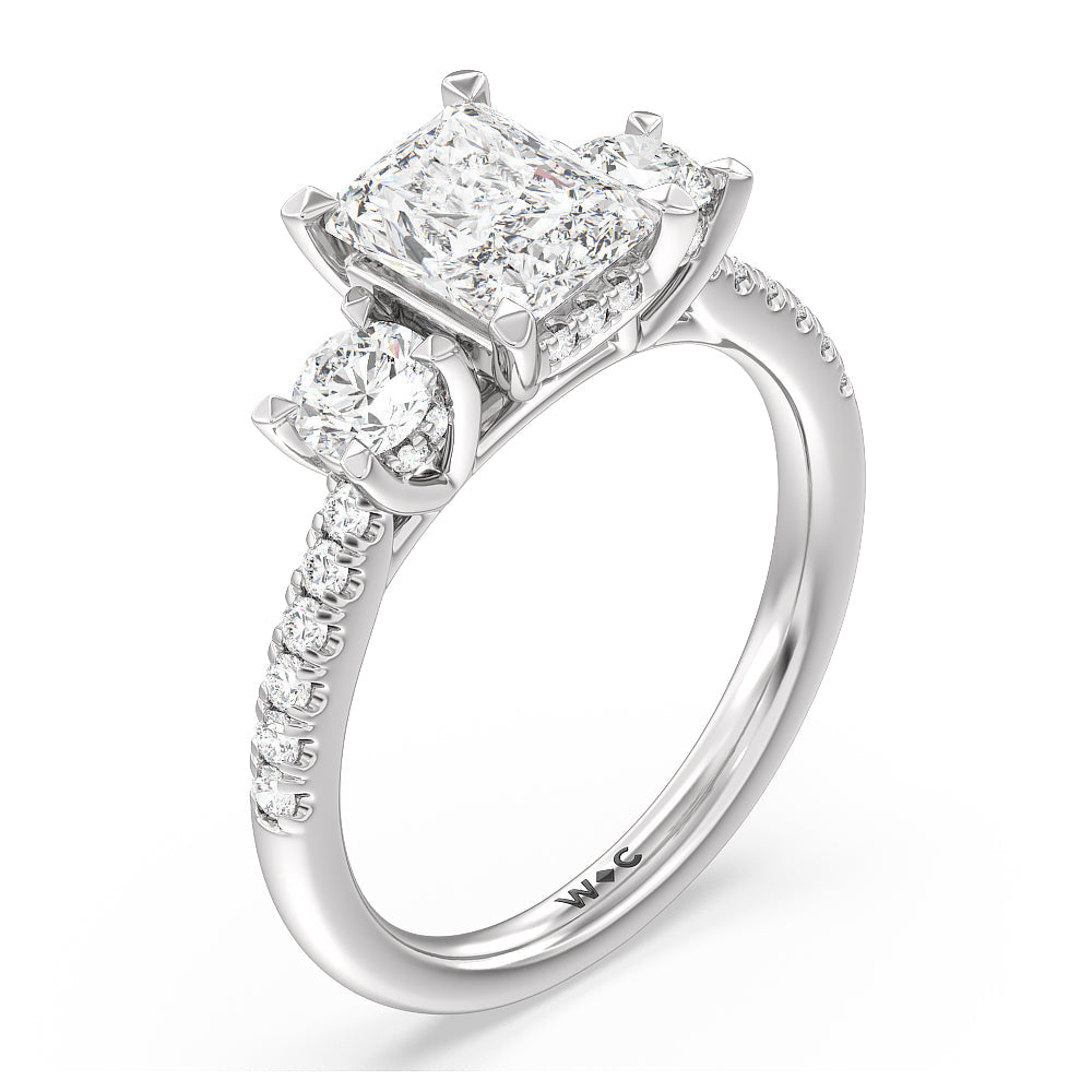 Radiant Cut Three Stone Hidden Halo Cathedral Engagement Ring (E+ VVS+) with Lab Grown Diamond in 14KT Platinum view 3

