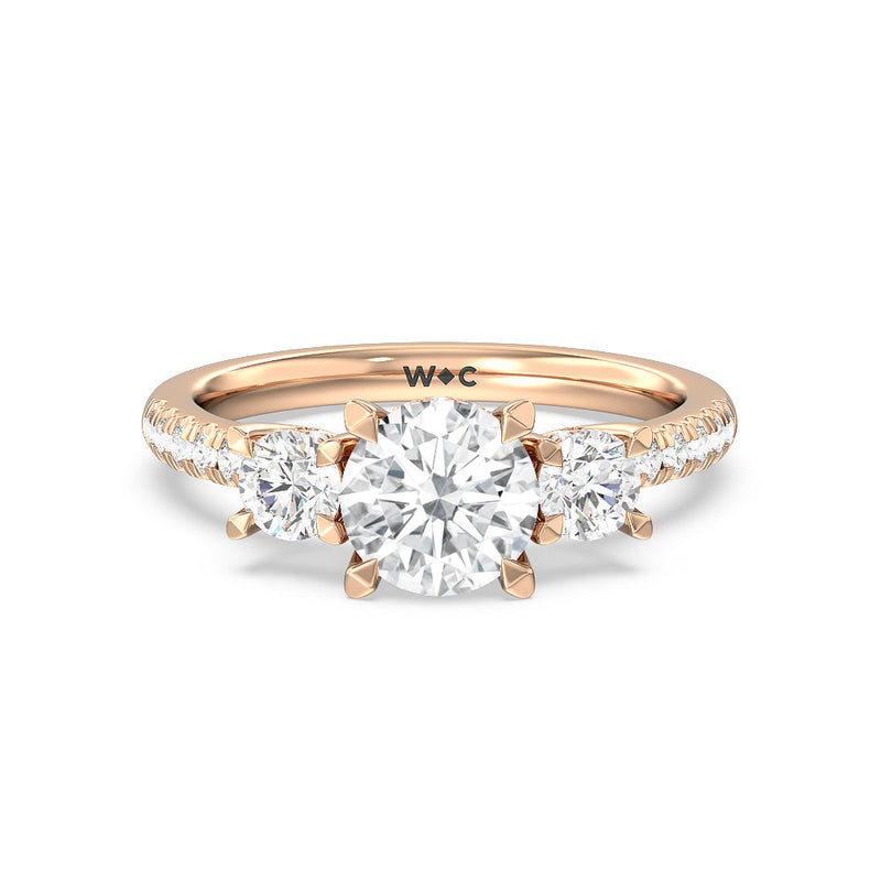 Three Stone Hidden Halo Cathedral Engagement Ring (E+ VVS+)