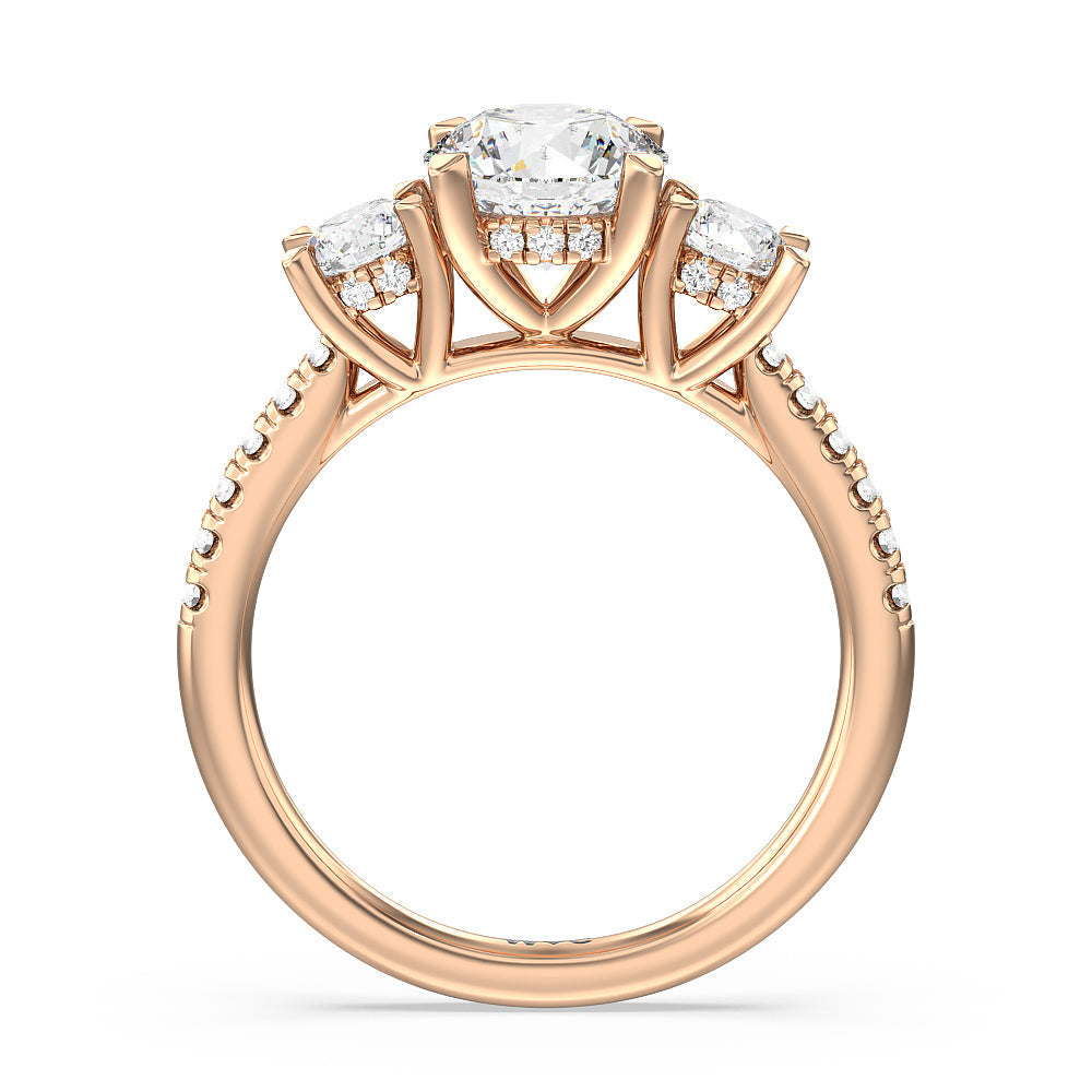 Round Cut Three Stone Hidden Halo Cathedral Engagement Ring (E+ VVS+) with Lab Grown Diamond in 14KT Rose Gold view 2
