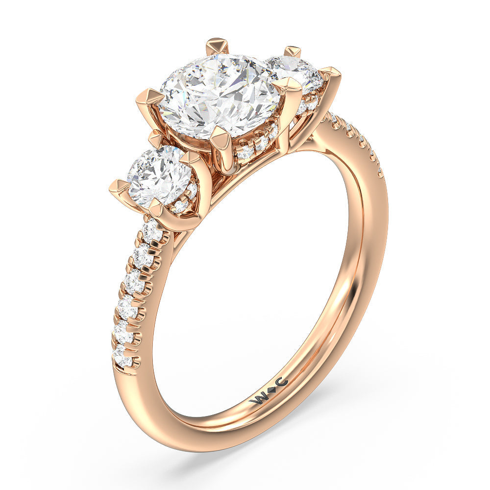 Round Cut Three Stone Hidden Halo Cathedral Engagement Ring (E+ VVS+) with Lab Grown Diamond in 14KT Rose Gold view 3
