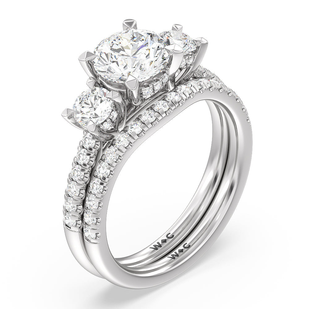 2.01ct Round Three Stone Hidden Halo Cathedral Engagement Ring with 2 3/4 Cut Diamond in 14KT Round view 4
