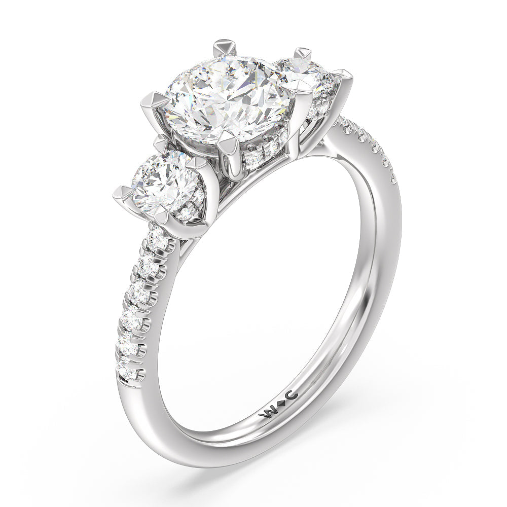 2.01ct Round Three Stone Hidden Halo Cathedral Engagement Ring with 2 3/4 Cut Diamond in 14KT Round view 3
