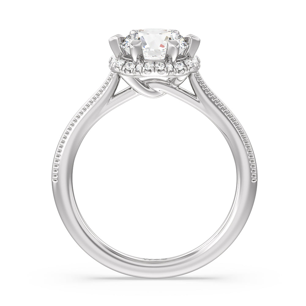 Round Cut Floral Halo Cathedral Engagement Ring (E+ VVS+) with Lab Grown Diamond in 14KT Platinum view 2

