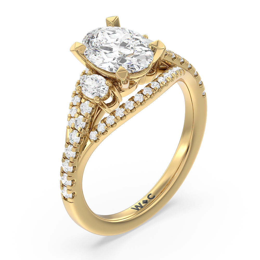 Oval Cut Side Stone Bridge Accent Engagement Ring (E+ VVS+) with Lab Grown Diamond in 14KT Yellow Gold view 3
