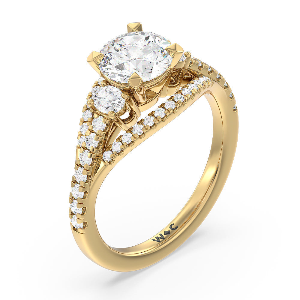 Round Cut Side Stone Bridge Accent Engagement Ring (E+ VVS+) with Lab Grown Diamond in 14KT Yellow Gold view 3
