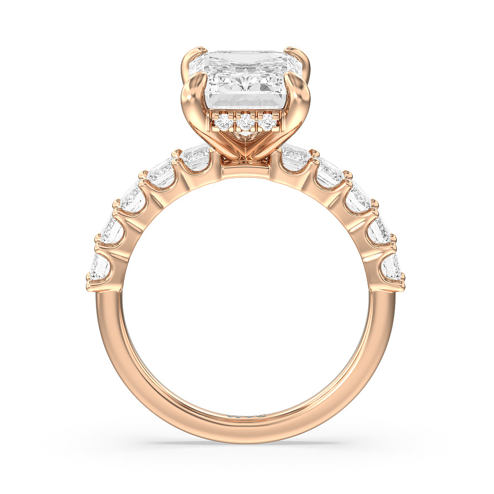 Hidden Halo Emerald Side Stones Engagement Ring with Emerald Cut Diamond in 14KT Rose Gold view 4
