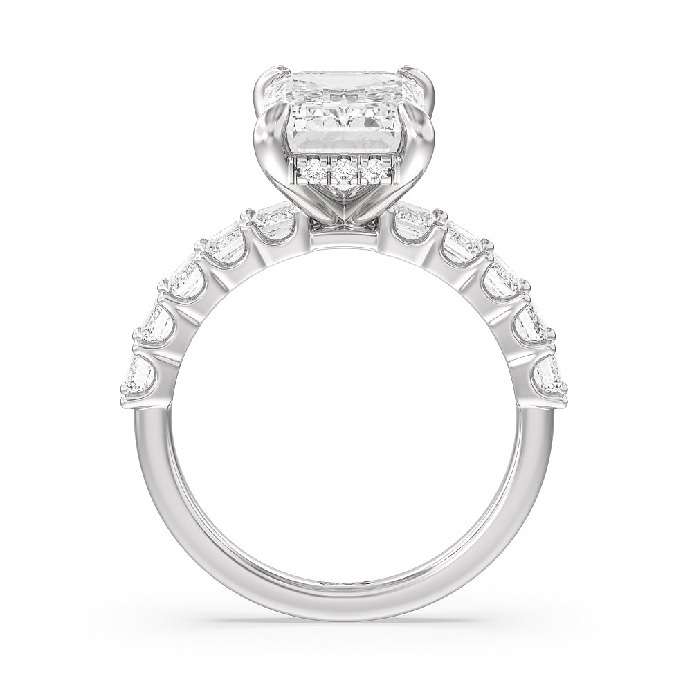 Hidden Halo Emerald Side Stones Engagement Ring with Emerald Cut Diamond in 14KT Platinum view 2
