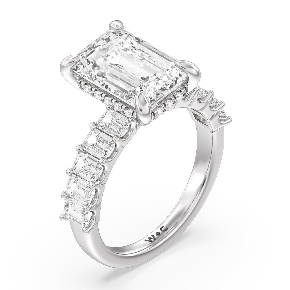Hidden Halo Emerald Side Stones Engagement Ring with Emerald Cut Diamond in 14KT Platinum view 3
