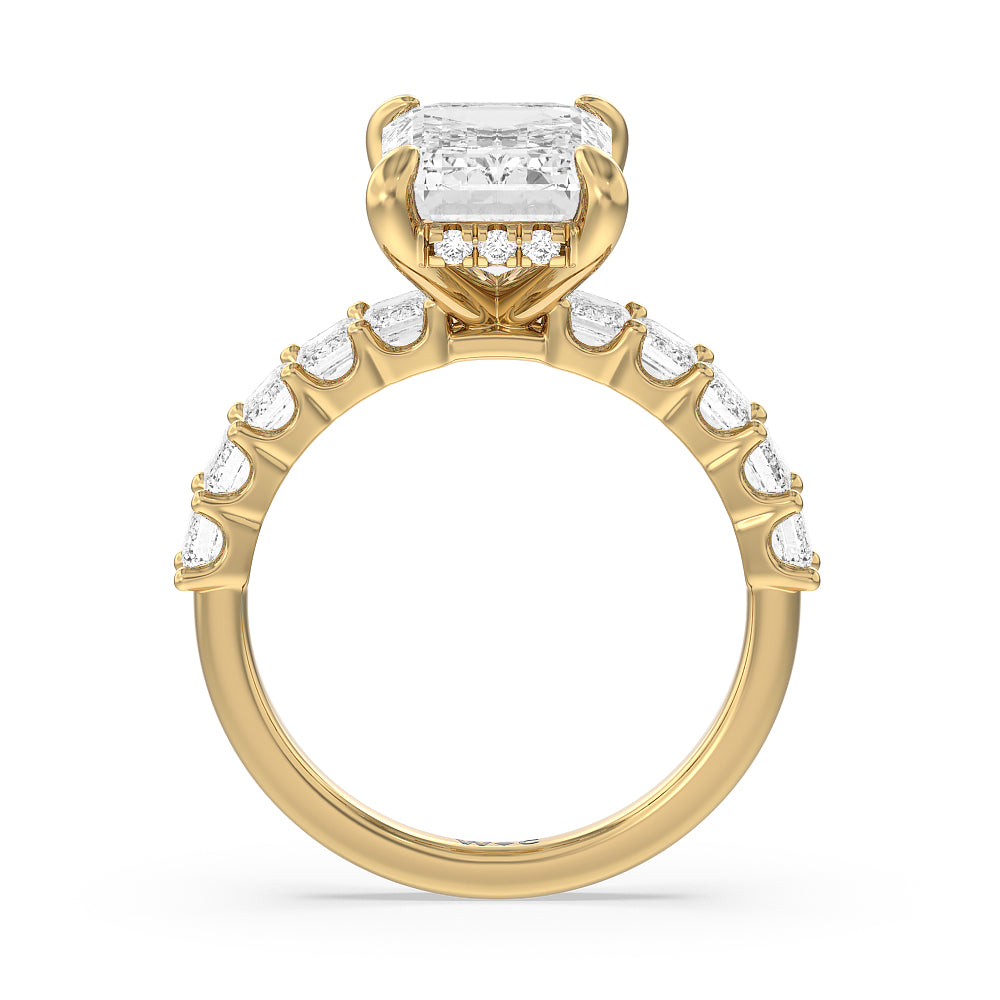Hidden Halo Emerald Side Stones Engagement Ring with Emerald Cut Diamond in 14KT Yellow Gold view 2

