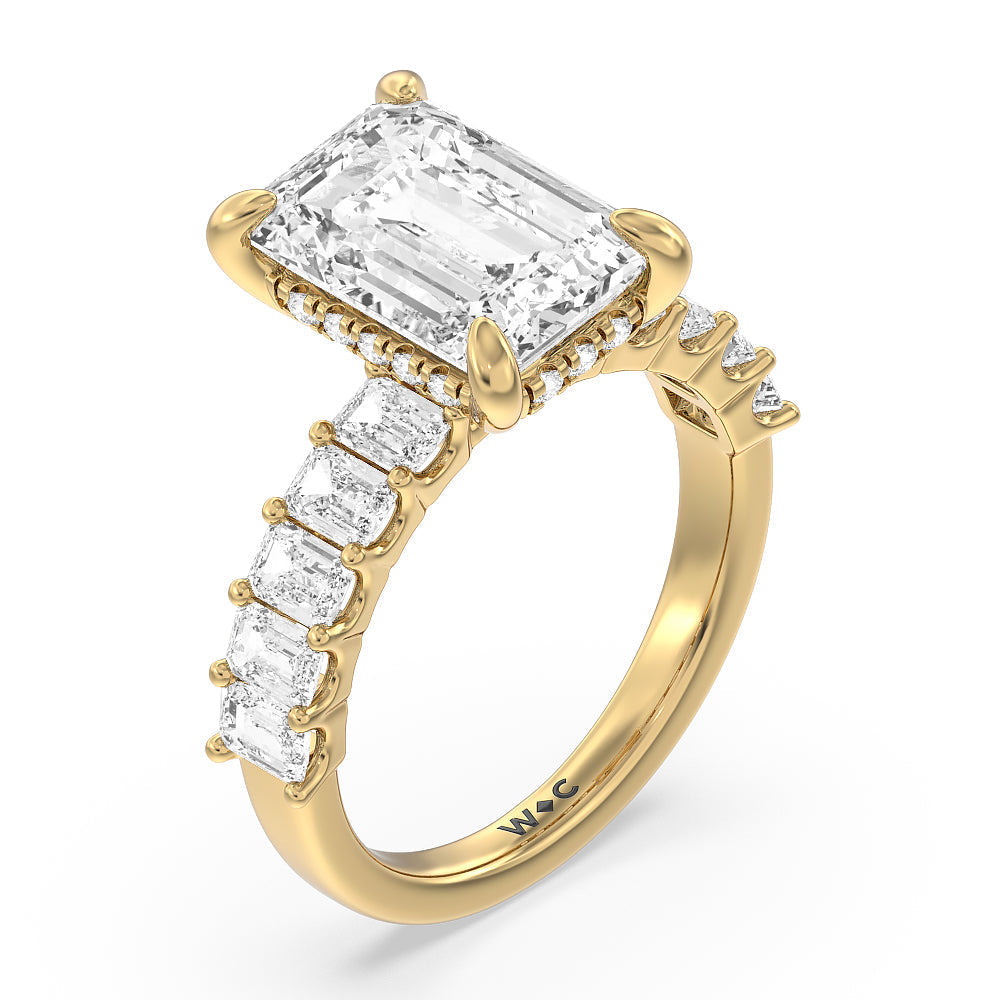 Hidden Halo Emerald Side Stones Engagement Ring with Emerald Cut Diamond in 14KT Yellow Gold view 3
