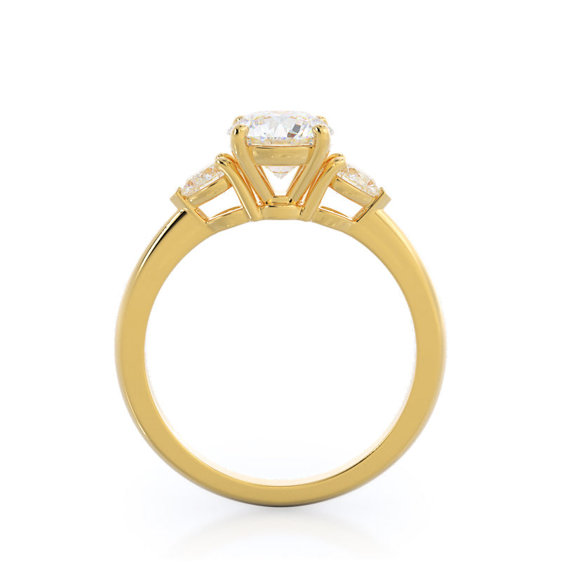 2.50ct Round Three Stone Pear Engagement Ring with 2 3/4 Cut Diamond in 14KT Round view 2
