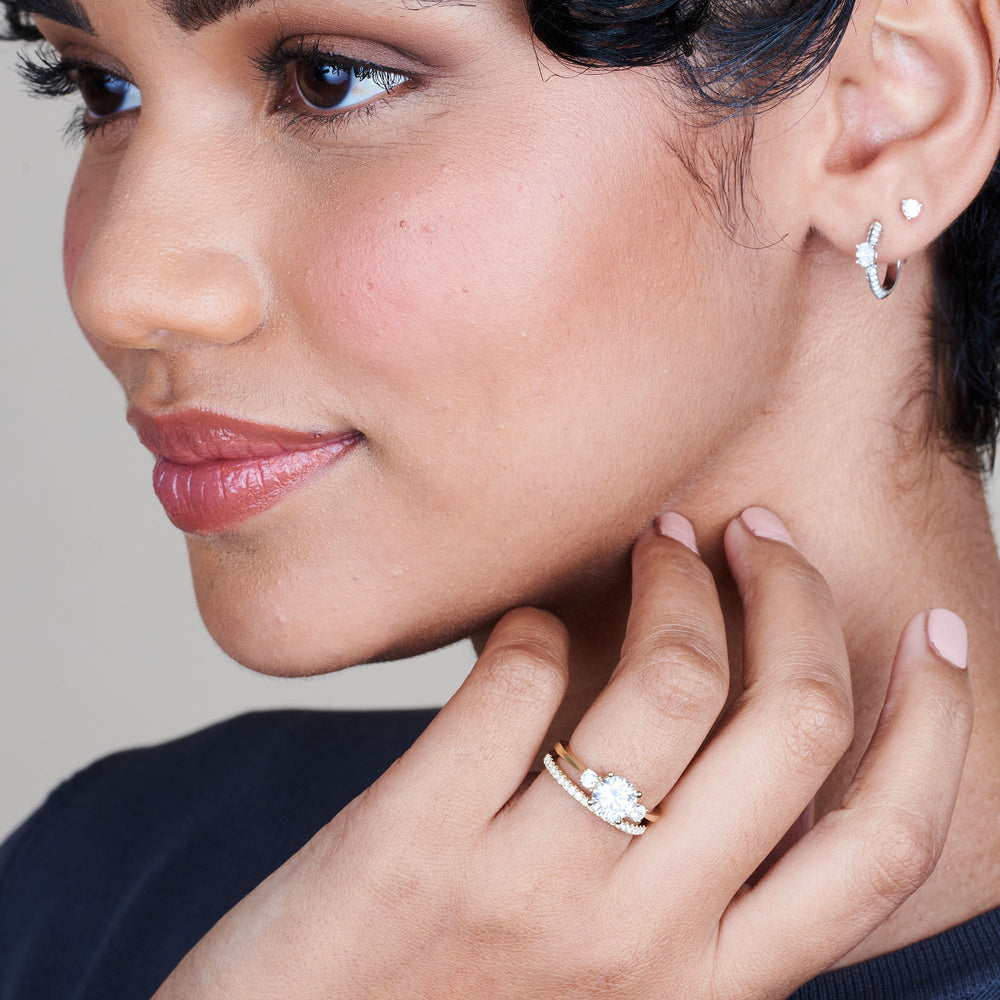 Model Wearing 2.52ct Round Petite Three Stone Diamond Engagement Ring view