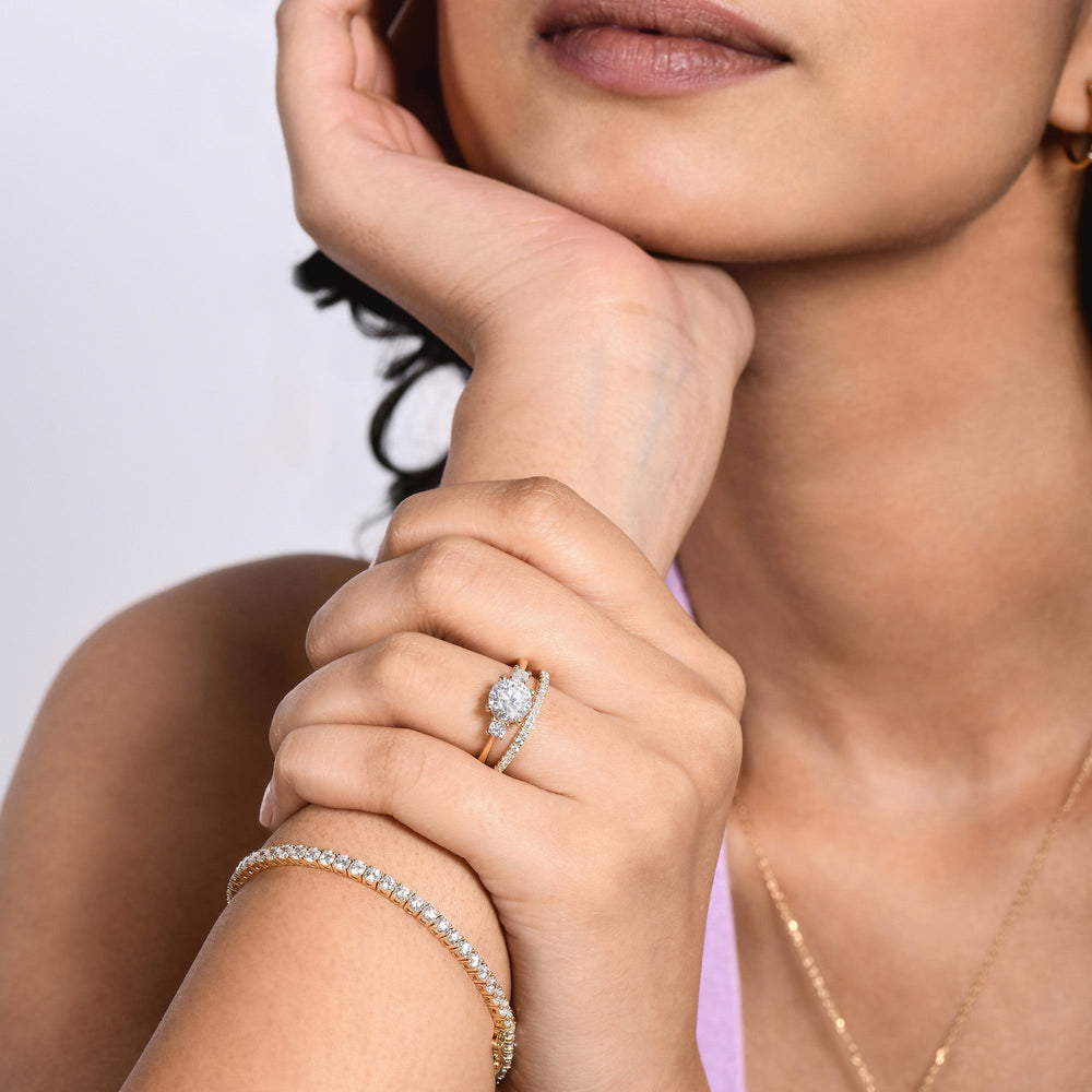 Model Wearing 2.52ct Round Petite Three Stone Diamond Engagement Ring view