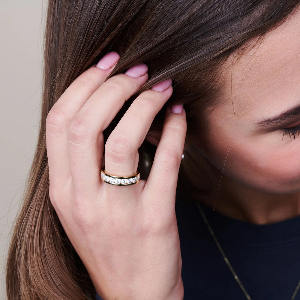 Model Wearing Round Brilliant Cut Diamond Channel Set Band (E+ VS+) view