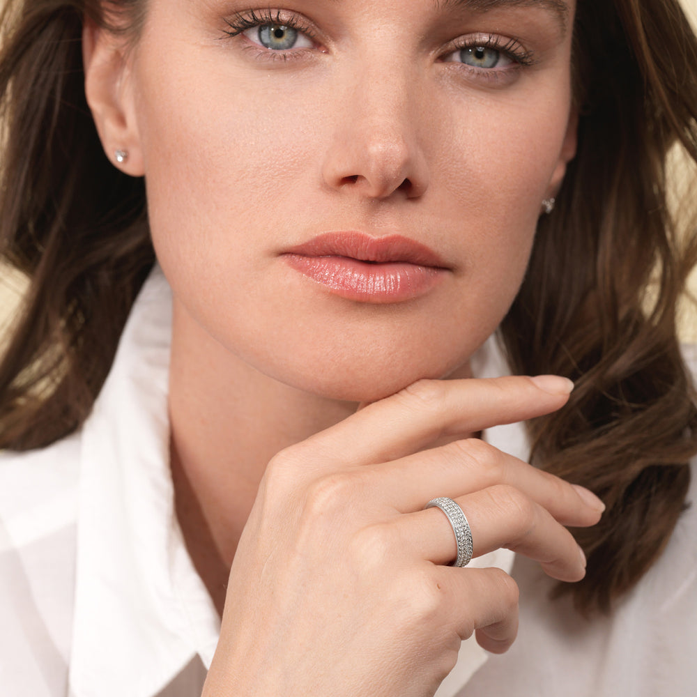 Model Wearing Triple Row Diamond Eternity Ring view