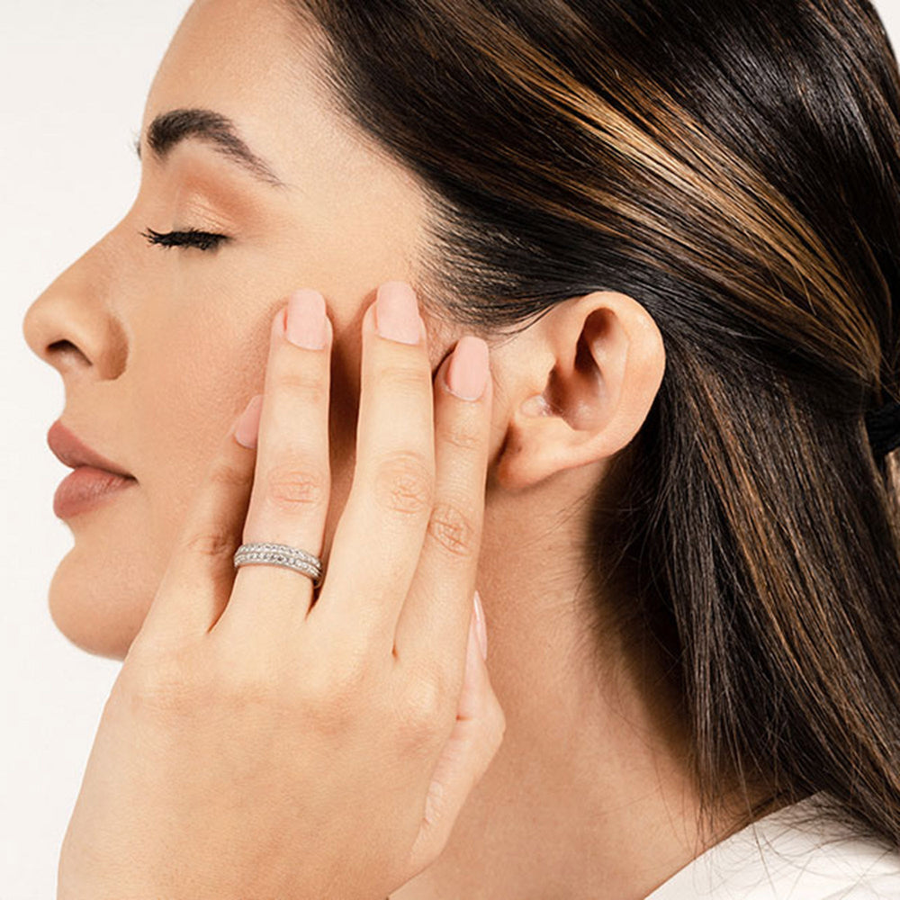 Model Wearing Double Row Diamond Beaded Eternity Ring view