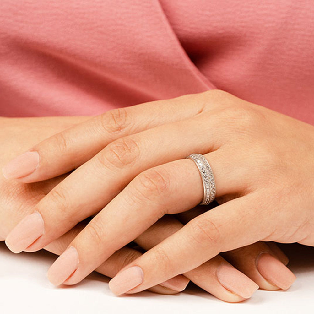 Model Wearing Double Row Diamond Beaded Eternity Ring view