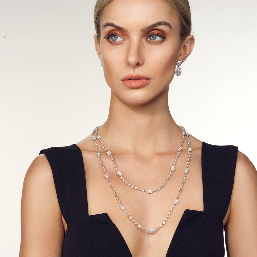 Two Layer Multi Shape Station Necklace with 14KT White Gold / Lab / 21 1/2 Cut Diamond in 14KT White Gold / Lab / 21 1/2 view 4
