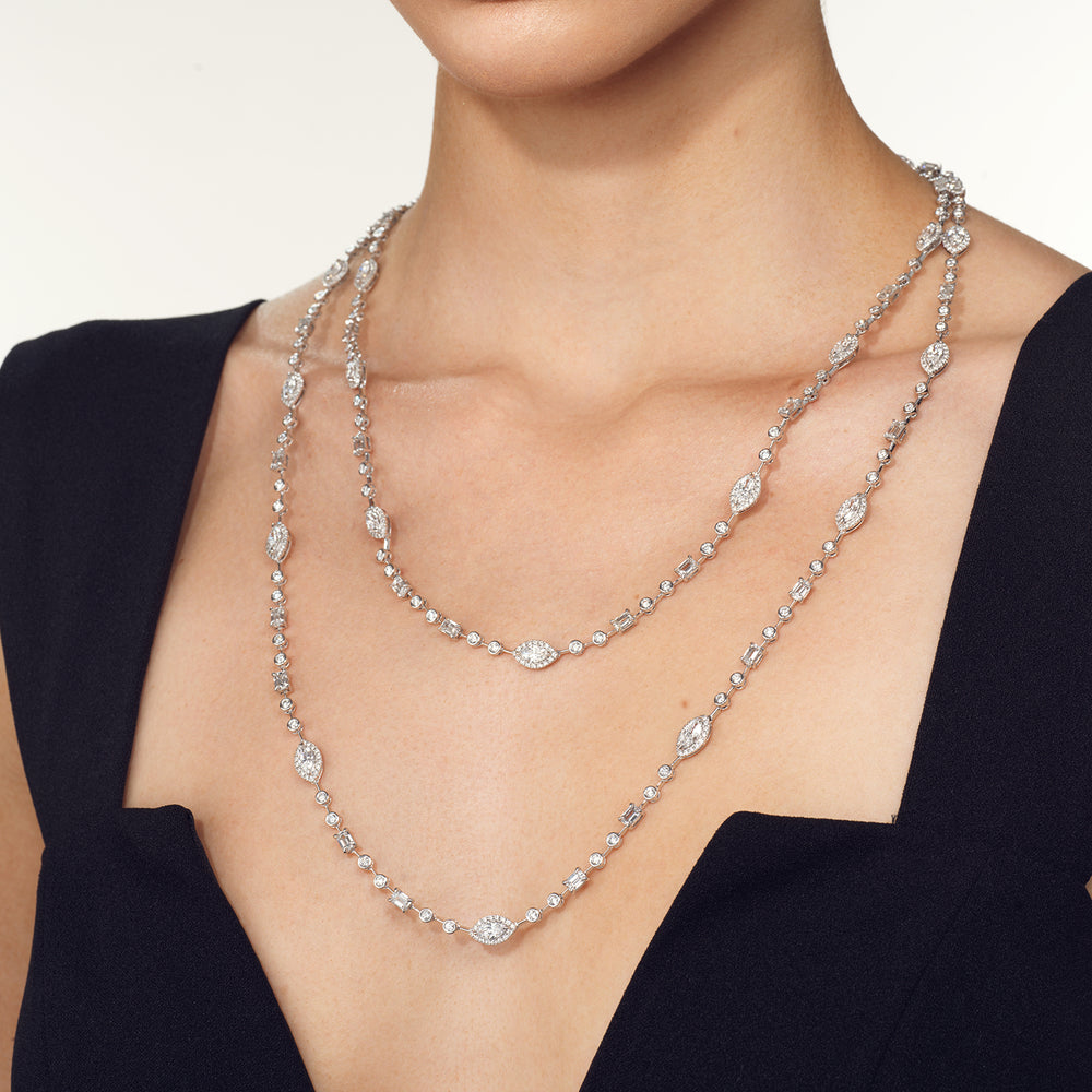 Two Layer Multi Shape Station Necklace with 14KT White Gold / Lab / 21 1/2 Cut Diamond in 14KT White Gold / Lab / 21 1/2 view 3
