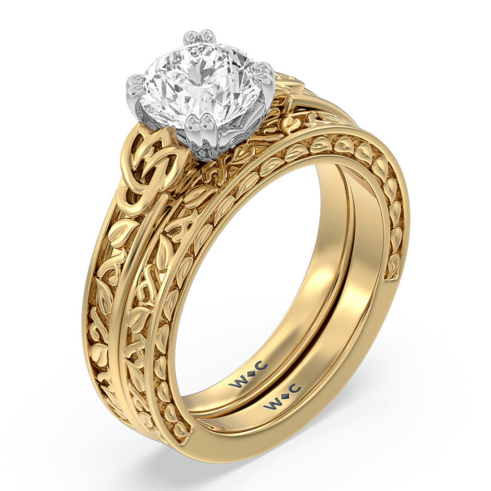 Vintage Celtic Engraved Engagement Ring with Cushion Cut Diamond in 14KT White & Yellow Gold view 4
