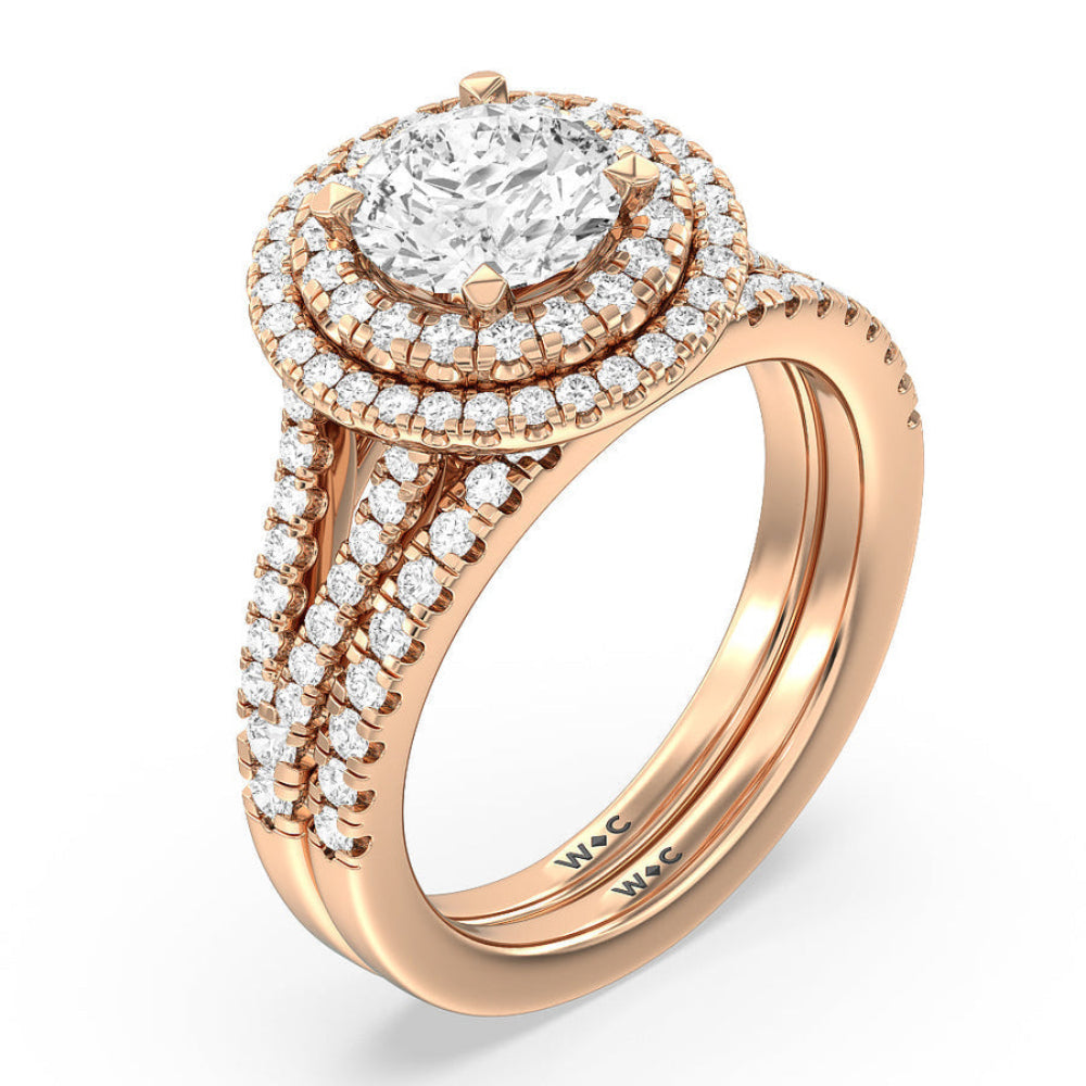Double Halo Split Shank Cathedral Engagement Ring with Oval Cut Diamond in 14KT Rose Gold view 6
