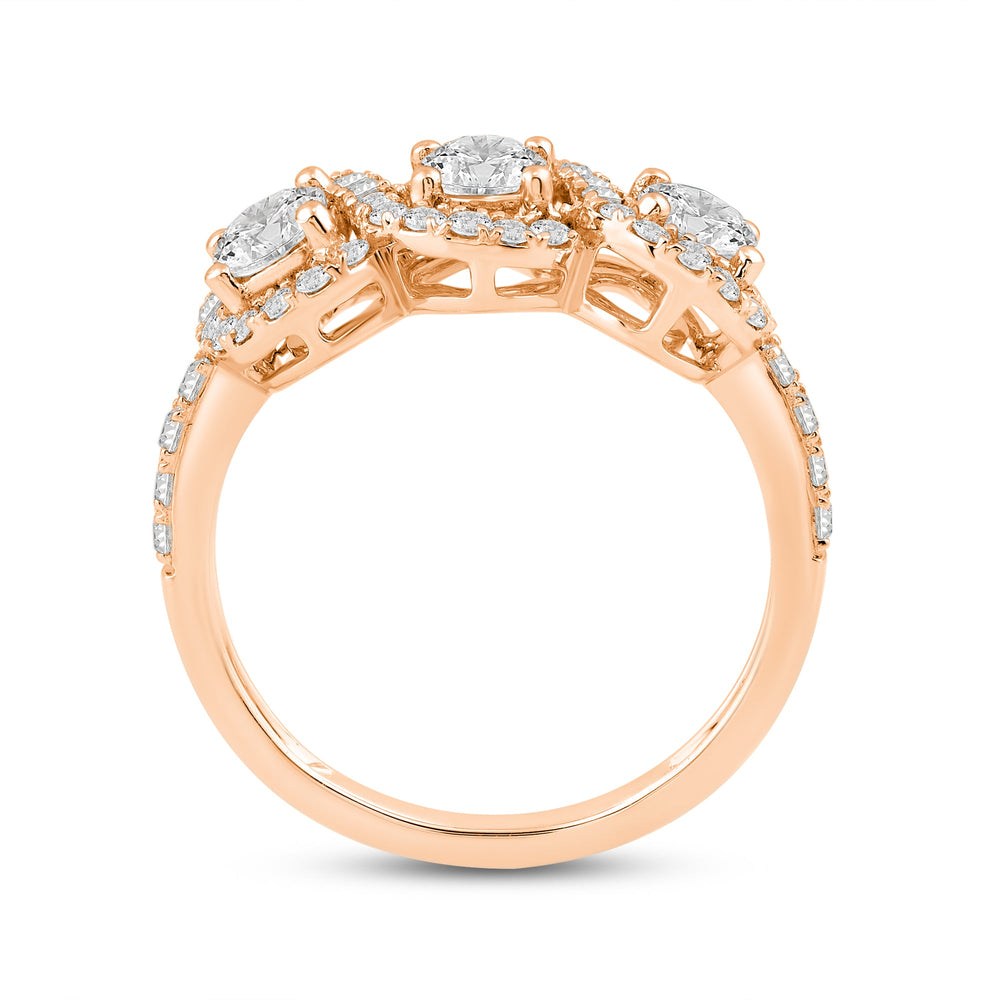 Three Stone Crossover Diamond Halo Ring with 14KT Rose Gold / Lab / 1 1/8 Cut Diamond in 14KT Rose Gold / Lab / 1 1/8 view 2
