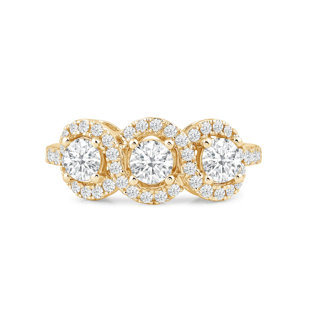 Three Stone Crossover Diamond Halo Ring with 14KT Yellow Gold / Lab / 1 1/8 Cut Diamond in 14KT Yellow Gold / Lab / 1 1/8 view 1
