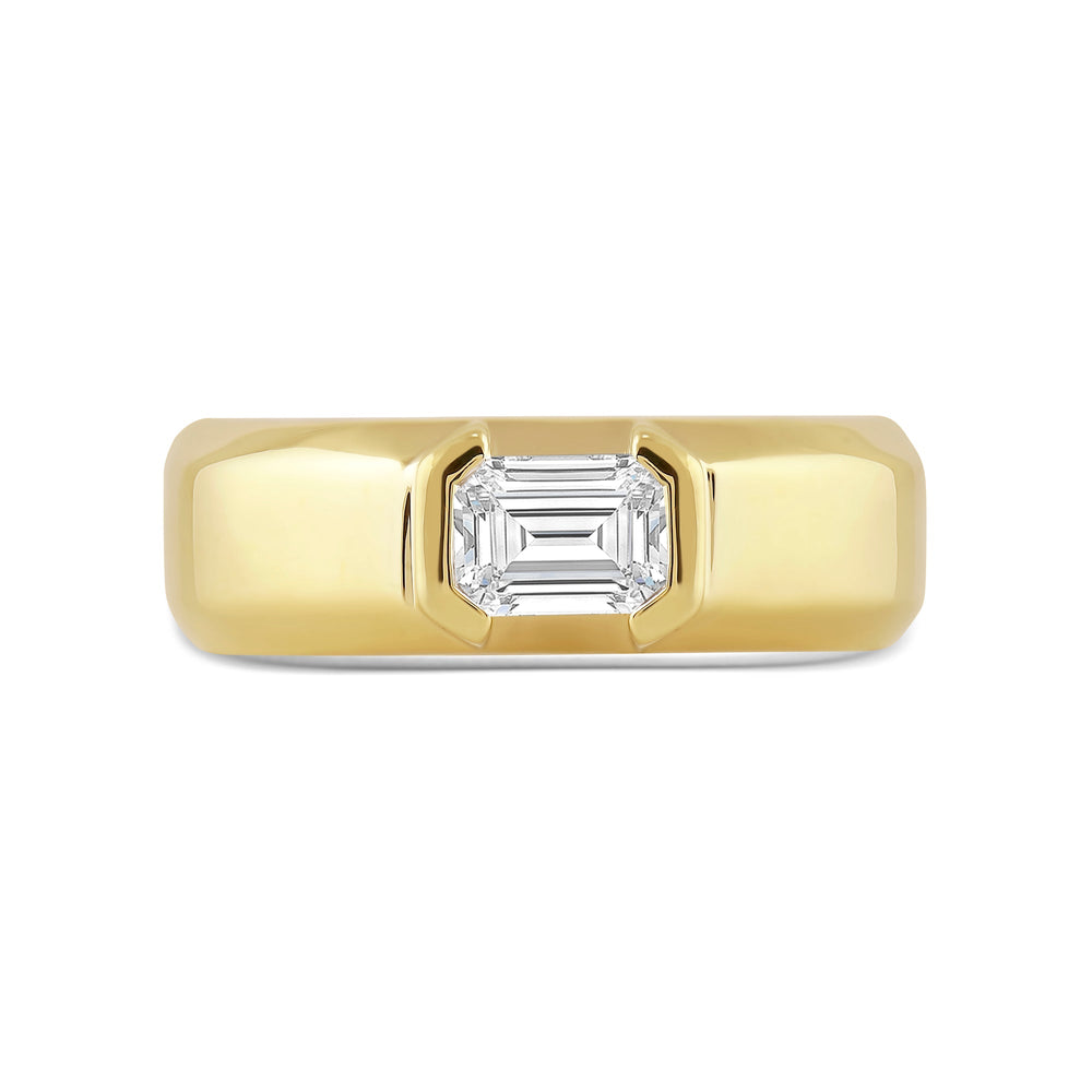 Half Bezel East West Emerald Diamond Men's Ring with 18KT Yellow Gold / Lab / 1 Cut Diamond in 14KT Yellow Gold / Lab / 1 view 1
