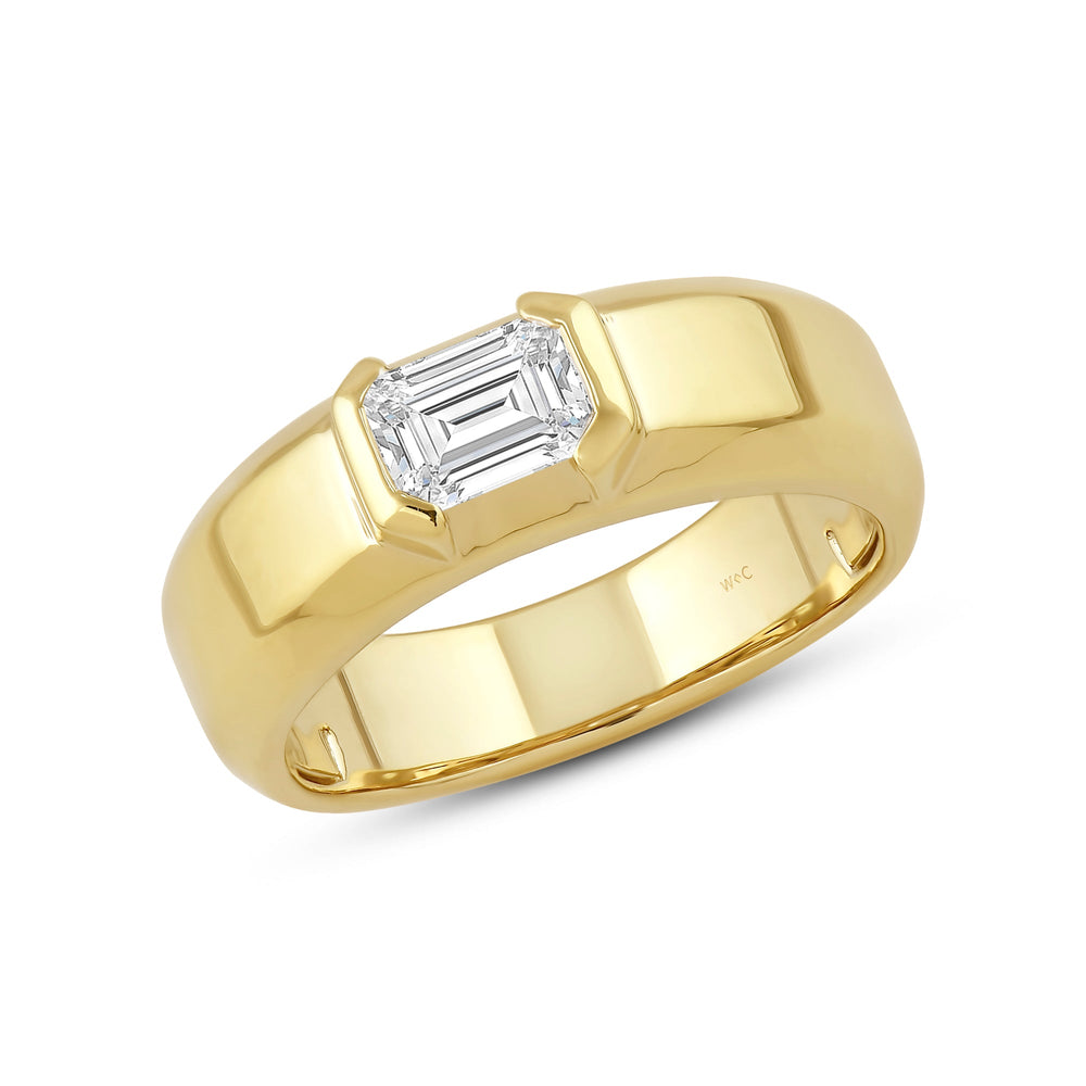 Half Bezel East West Emerald Diamond Men's Ring with 18KT Yellow Gold / Lab / 1 Cut Diamond in 14KT Yellow Gold / Lab / 1 view 3
