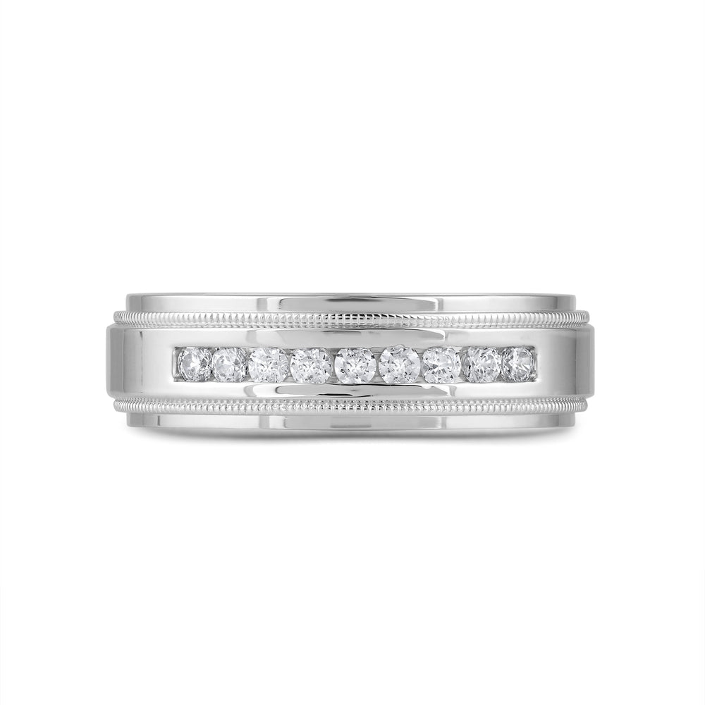 Channel Set Milgrain Stepped Edge Classic Men's Band with 14KT White Gold / Lab / 1/4 Cut Diamond in 14KT White Gold / Lab / 1/4 view 1
