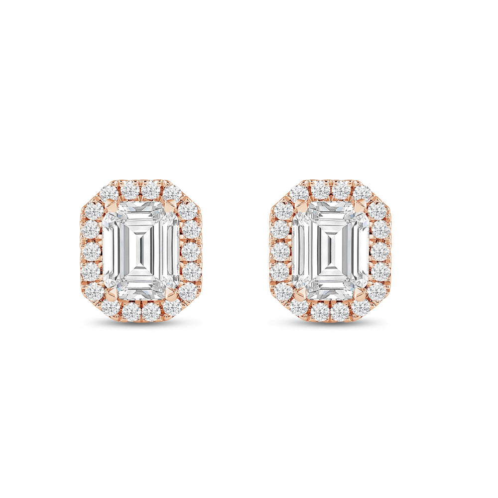 Emerald Diamond Halo Earrings with 14KT Rose Gold / Lab / 4 3/4 Cut Diamond in 14KT Rose Gold / Lab / 4 3/4 view 4
