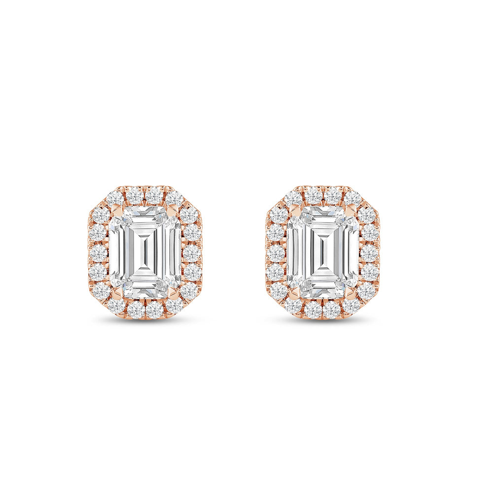 Emerald Diamond Halo Earrings with 14KT Rose Gold / Lab / 3 1/2 Cut Diamond in 14KT Rose Gold / Lab / 3 1/2 view 4
