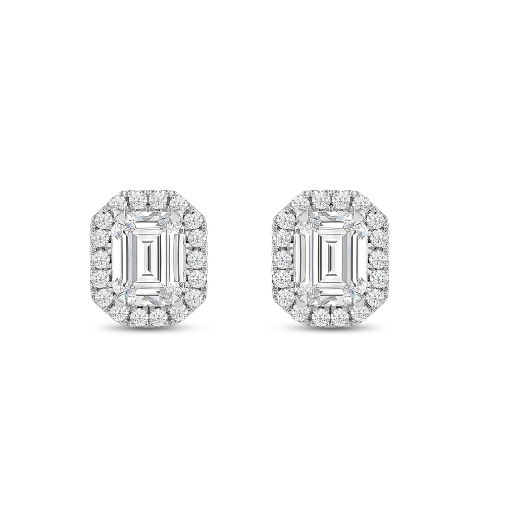 Emerald Diamond Halo Earrings with 14KT White Gold / Lab / 3 1/2 Cut Diamond in 14KT White Gold / Lab / 3 1/2 view 4
