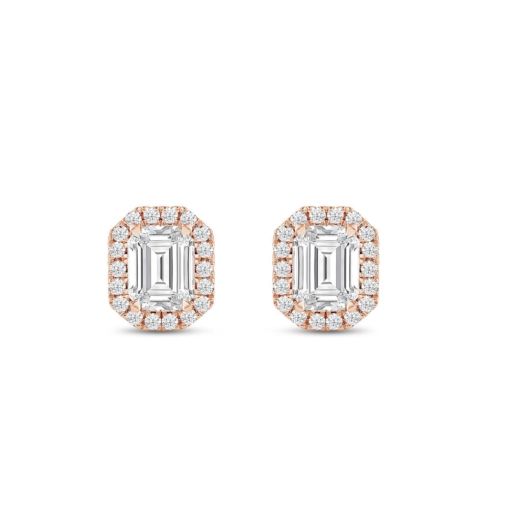 Emerald Diamond Halo Earrings with 14KT Rose Gold / Lab / 1 1/4 Cut Diamond in 14KT Rose Gold / Lab / 1 1/4 view 4
