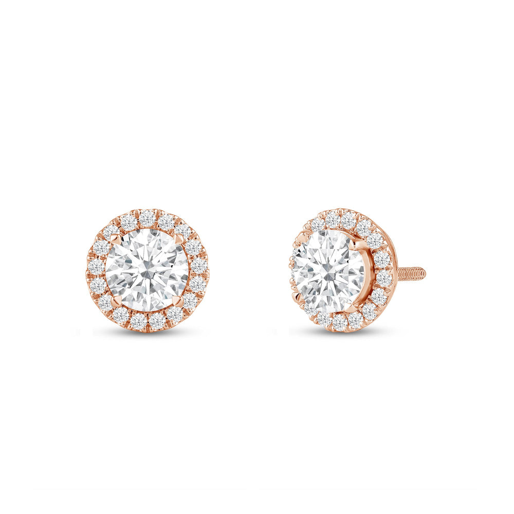 Round Diamond Halo Earrings with 14KT Rose Gold / Lab / 1 1/4 Cut Diamond in 14KT Rose Gold / Lab / 1 1/4 view 1
