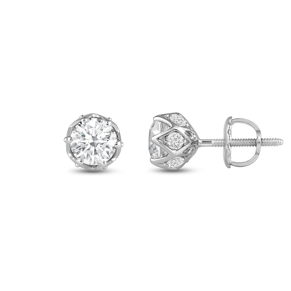 Six Prong Ornate Basket Diamond Stud Earrings with 14KT White Gold / Lab / 1 Cut Diamond in 14KT White Gold / Lab / 1 view 3
