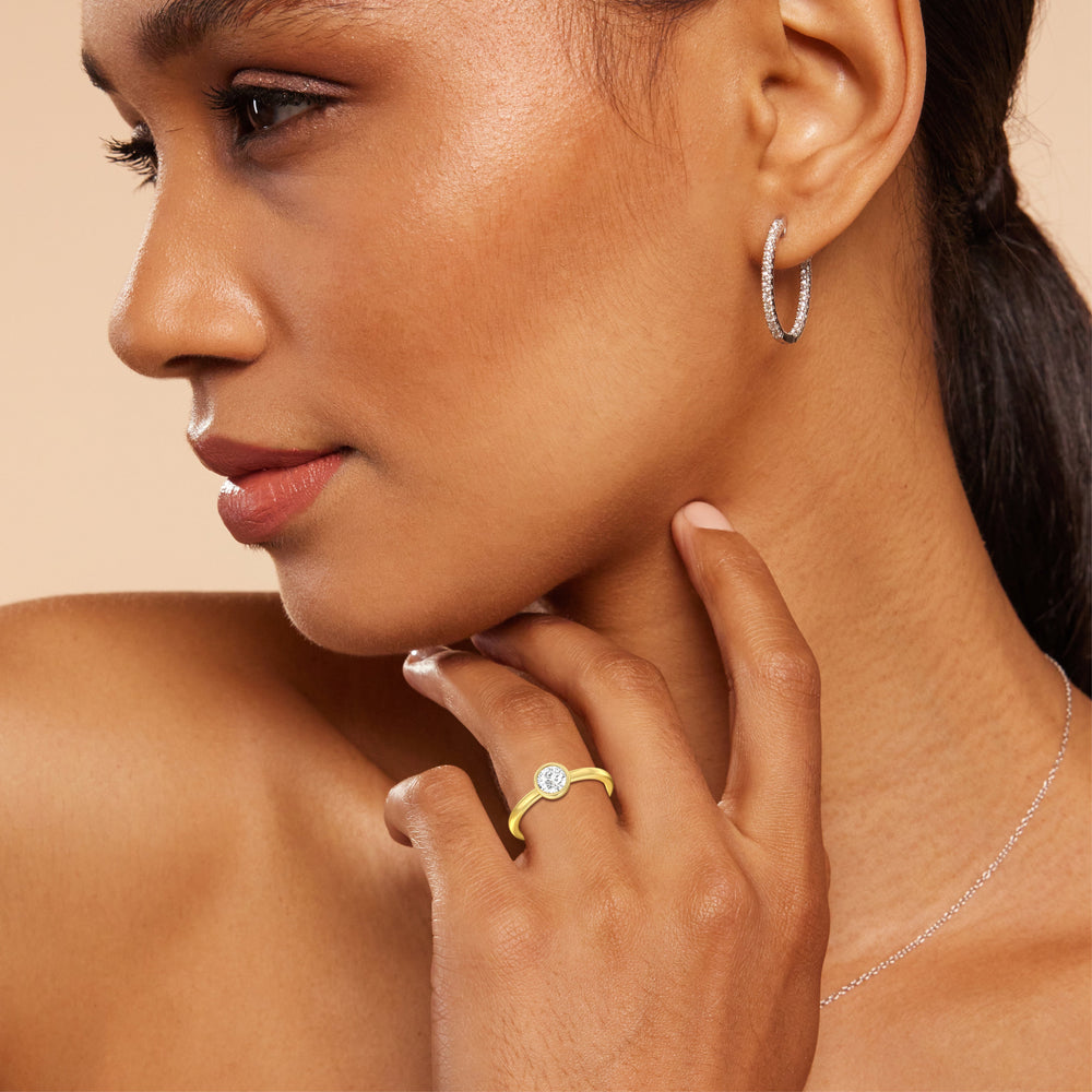 Model Wearing Round Bezel Stackable Ring Size 6.5 view