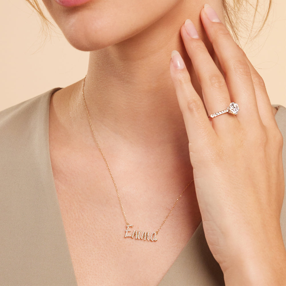 Model Wearing Personalized Name Necklace with Diamonds view