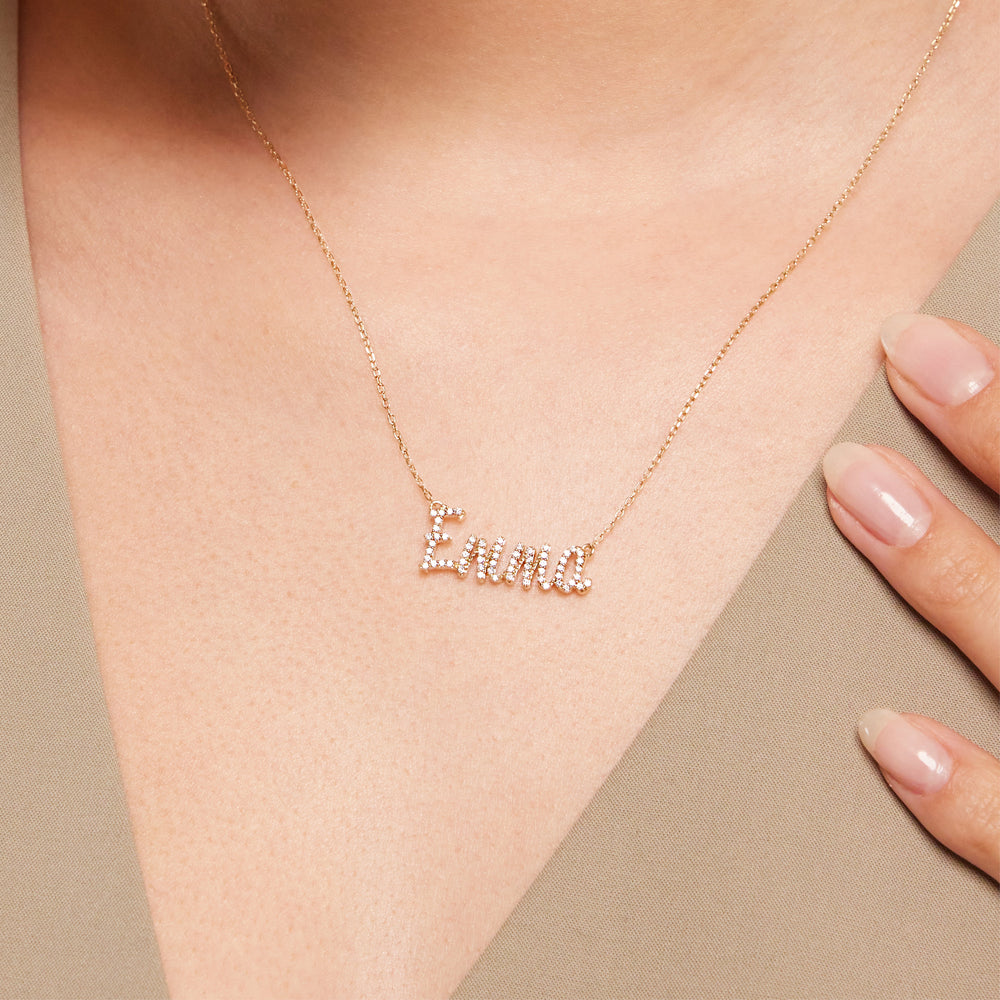 Model Wearing Personalized Name Necklace with Diamonds view