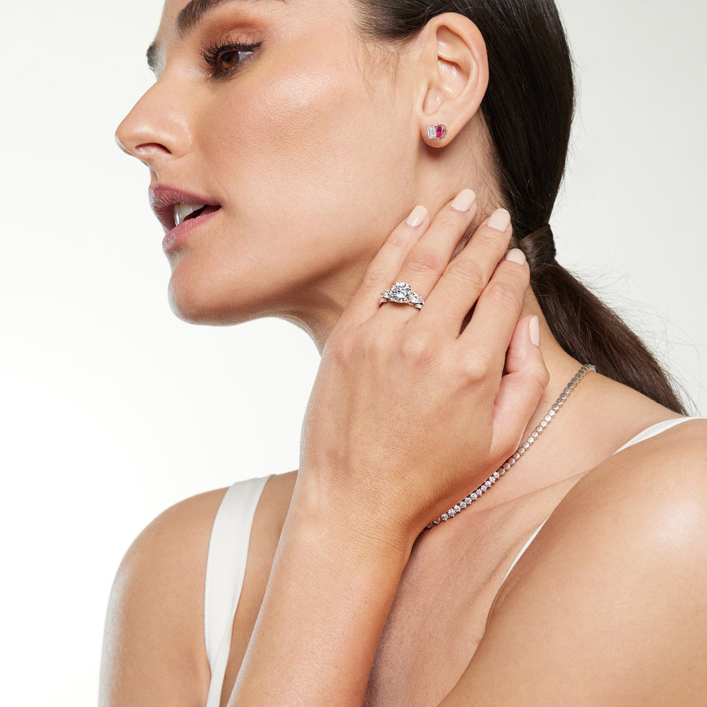 Model Wearing Toi et Moi Created Ruby Marquise and Emerald Diamond Stud Earrings view