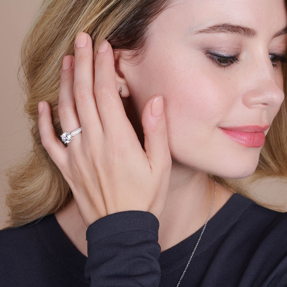 Model Wearing Three Row Diamond Engagement Ring view