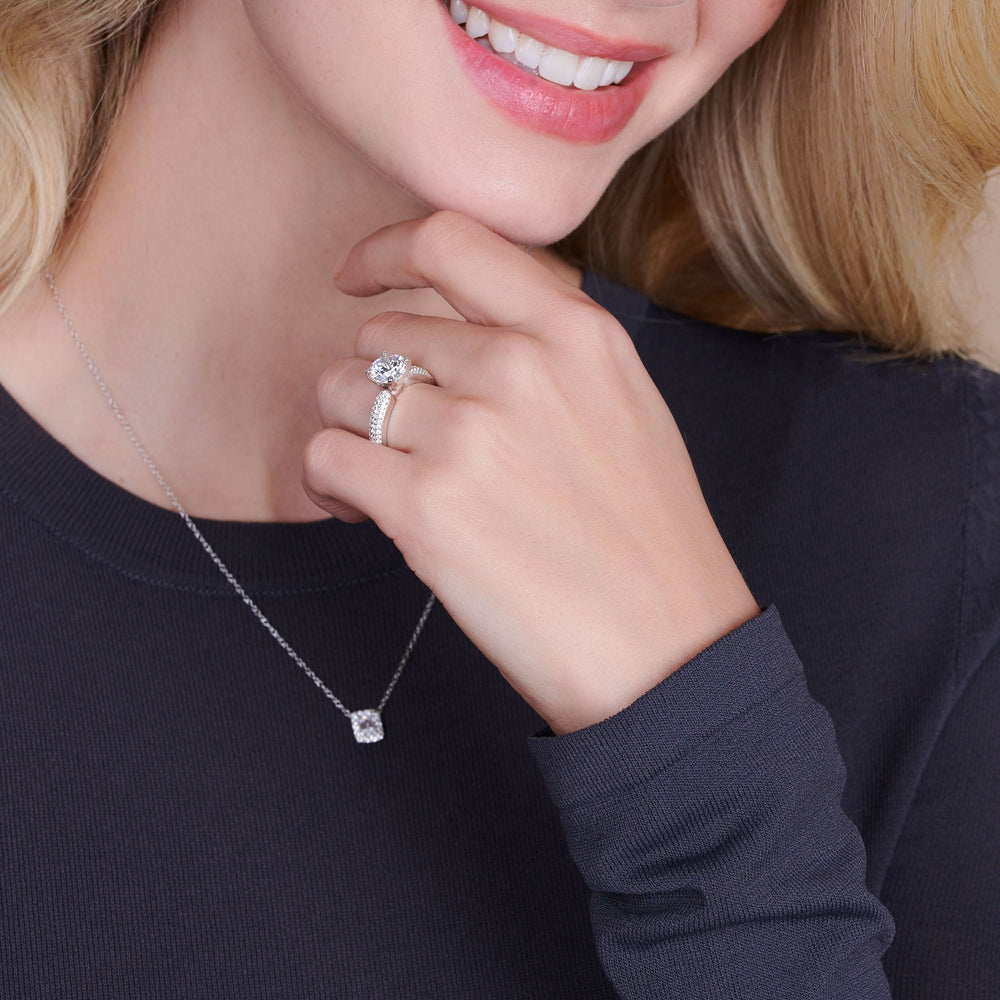 Model Wearing Three Row Diamond Engagement Ring view