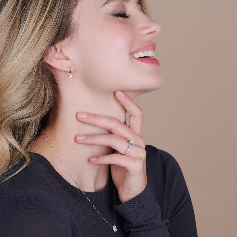 Model Wearing Tapered Cathedral Diamond Engagement Ring view