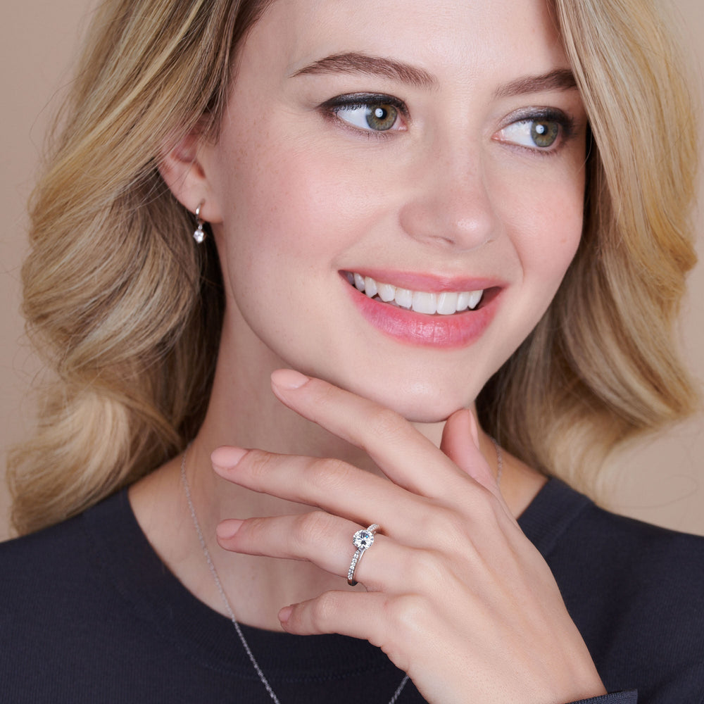 Model Wearing Tapered Cathedral Diamond Engagement Ring view