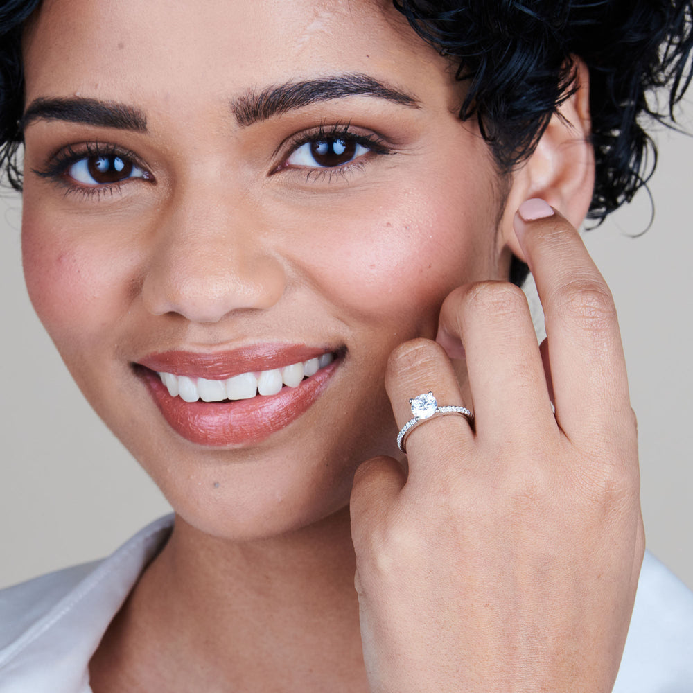 Model Wearing Petite Micro Pave Diamond Engagement Ring view