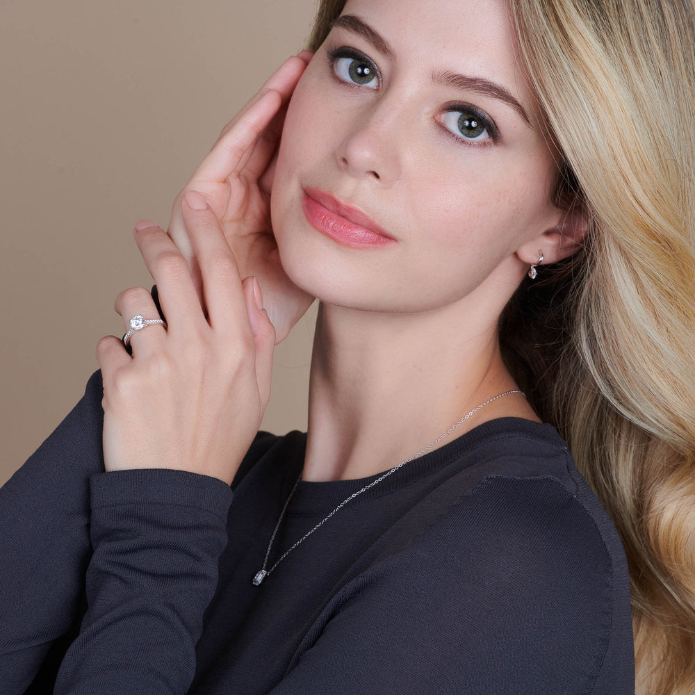 Model Wearing French Basket Pave Diamond Engagement Ring view
