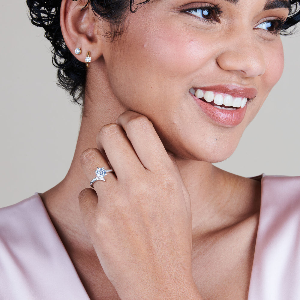 Model Wearing Tapered Diamond Engagement Ring view