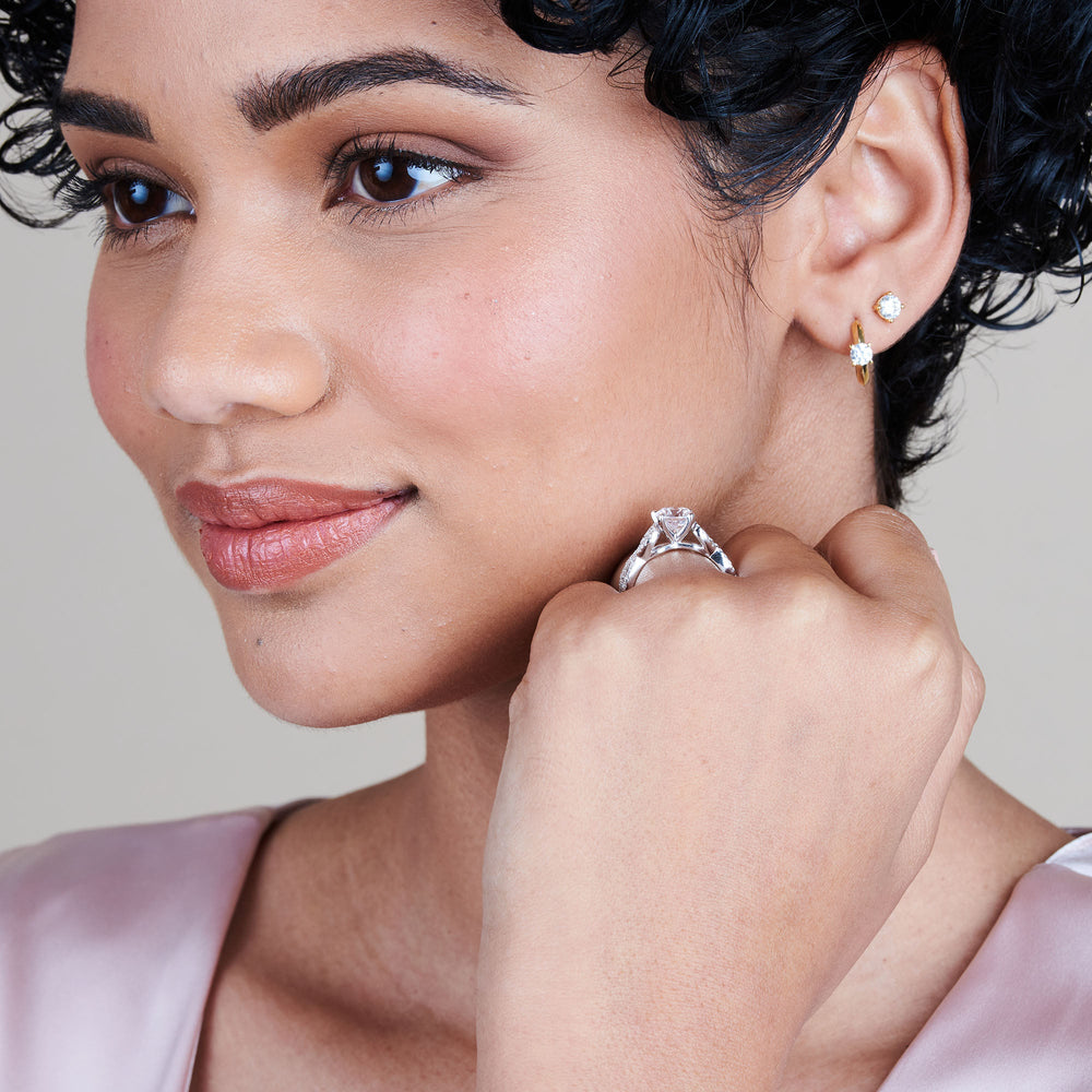 Model Wearing Braided Cathedral Diamond Engagement Ring view